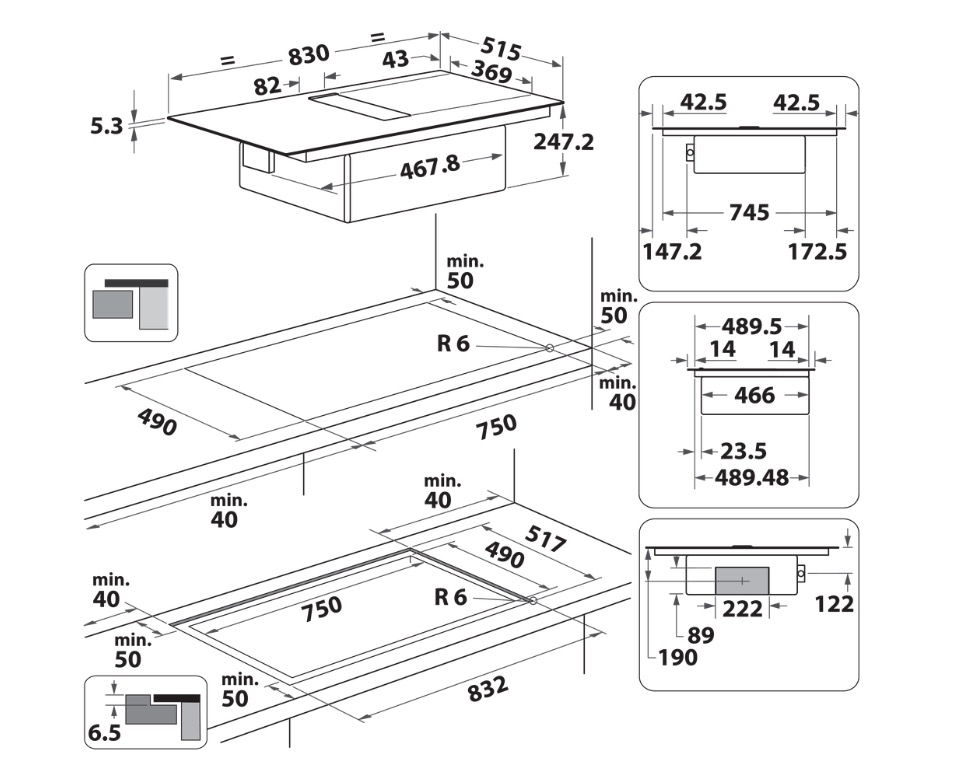 WHIRLPOOL WVHF83BB kookplaat met afzuiging - 83cm