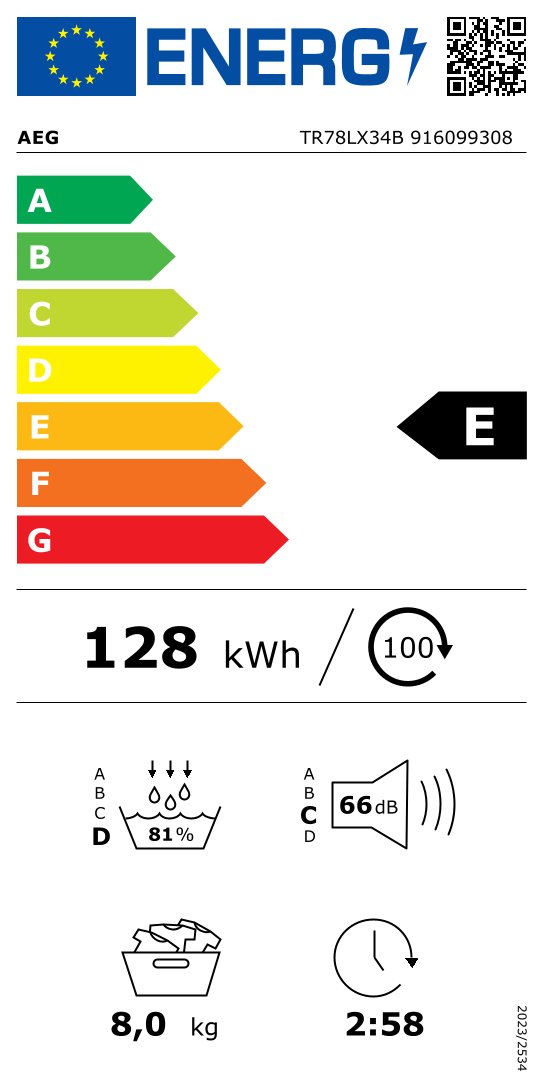 AEG TR78LX34B 7000 droogkast - warmtepomp