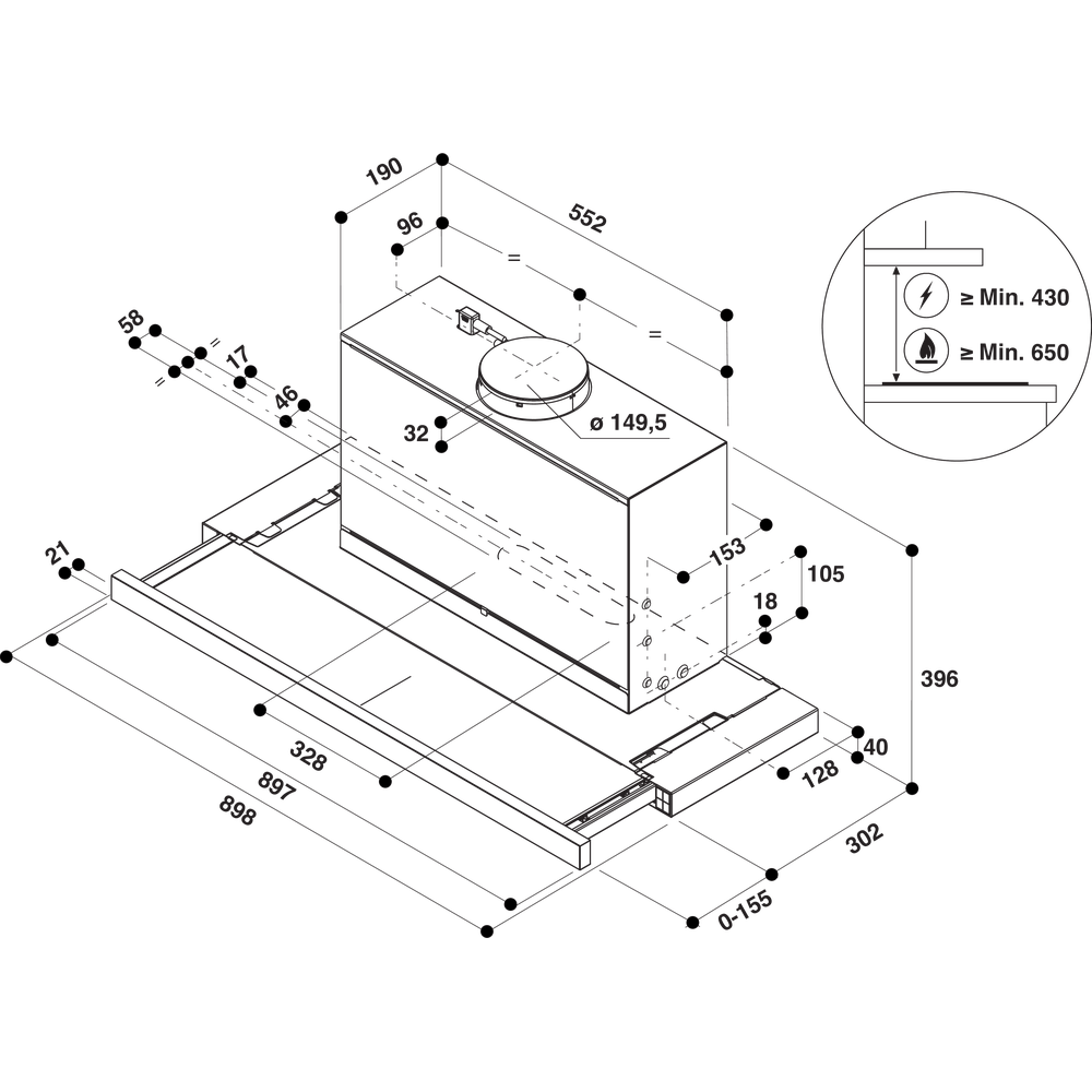 WHIRLPOOL AKR4431GY telescopische dampkap - 90cm WHIRLPOOL AKR4431GY telescopische dampkap - 90cm