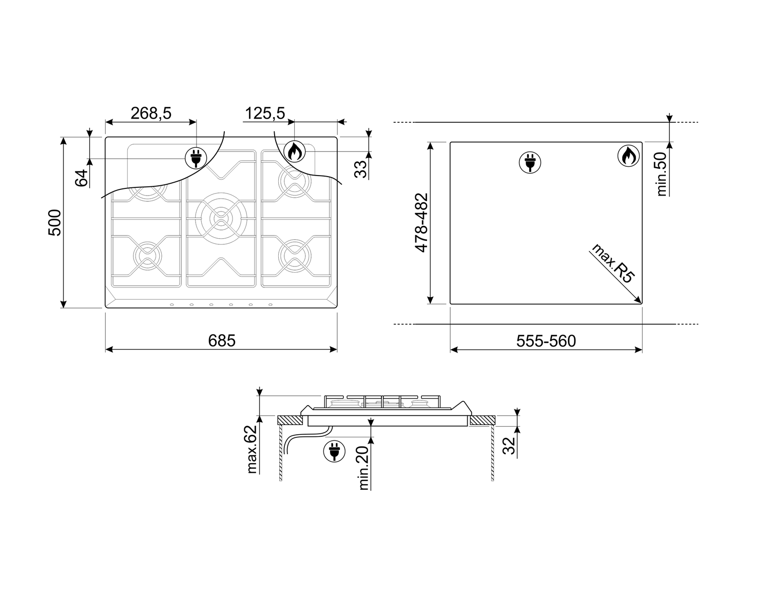 SMEG SE775GH5 gaskookplaat - 70cm 