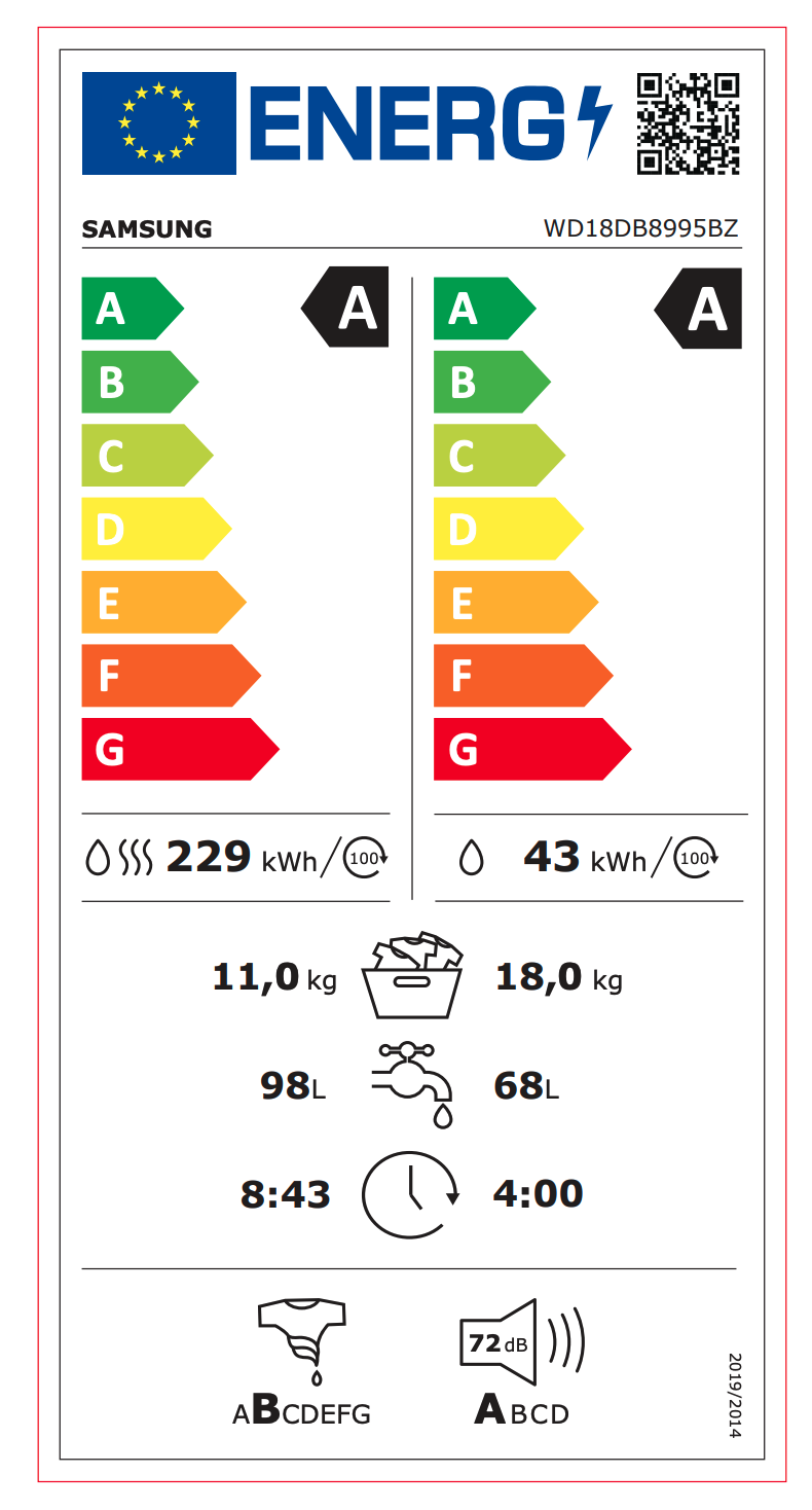 SAMSUNG WD18DB8995BZT2 was- droogcombinatie SAMSUNG WD18DB8995BZT2 was- droogcombinatie