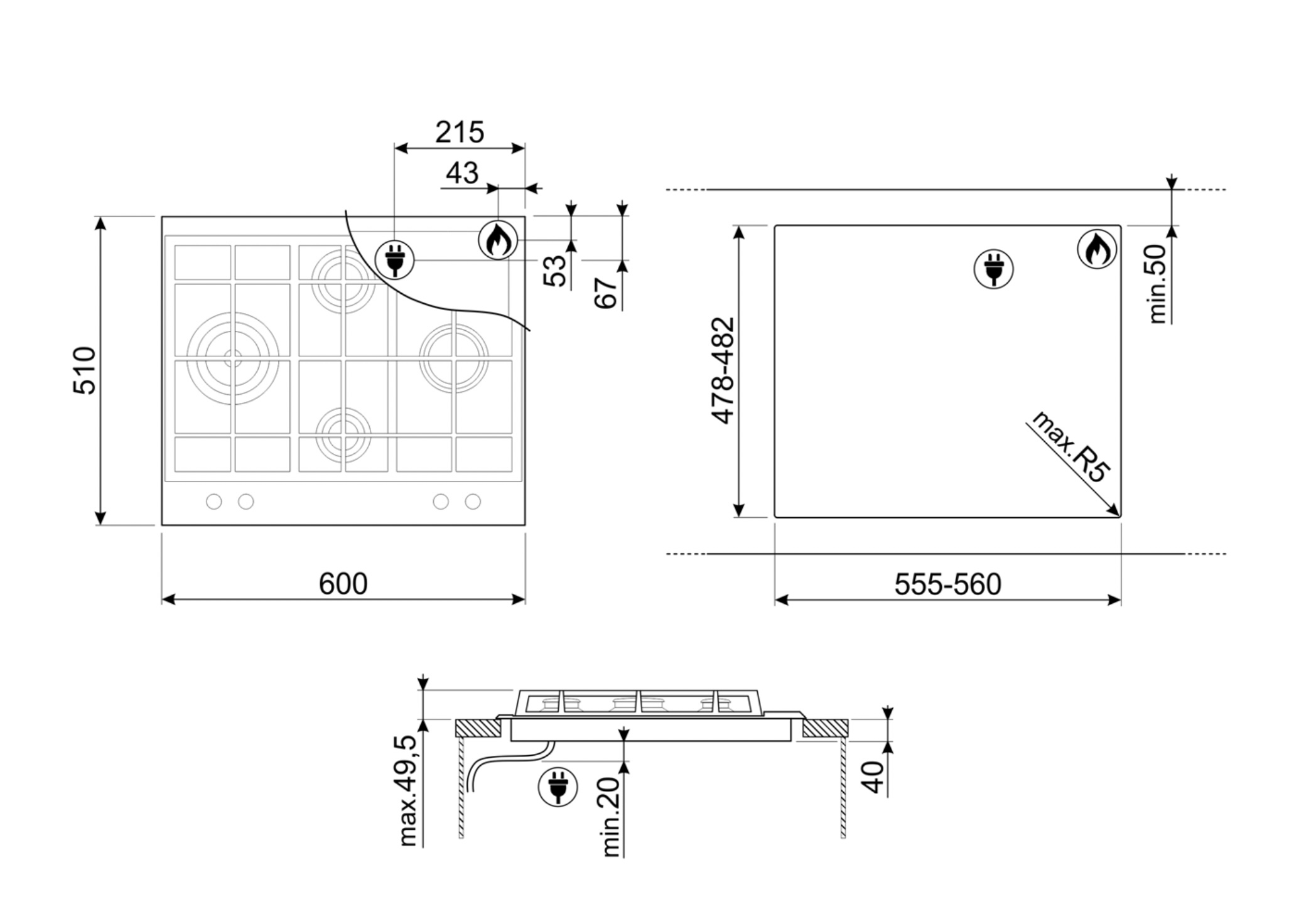 SMEG PX364LMB gaskookplaat - 60cm SMEG PX364LMB gaskookplaat - 60cm
